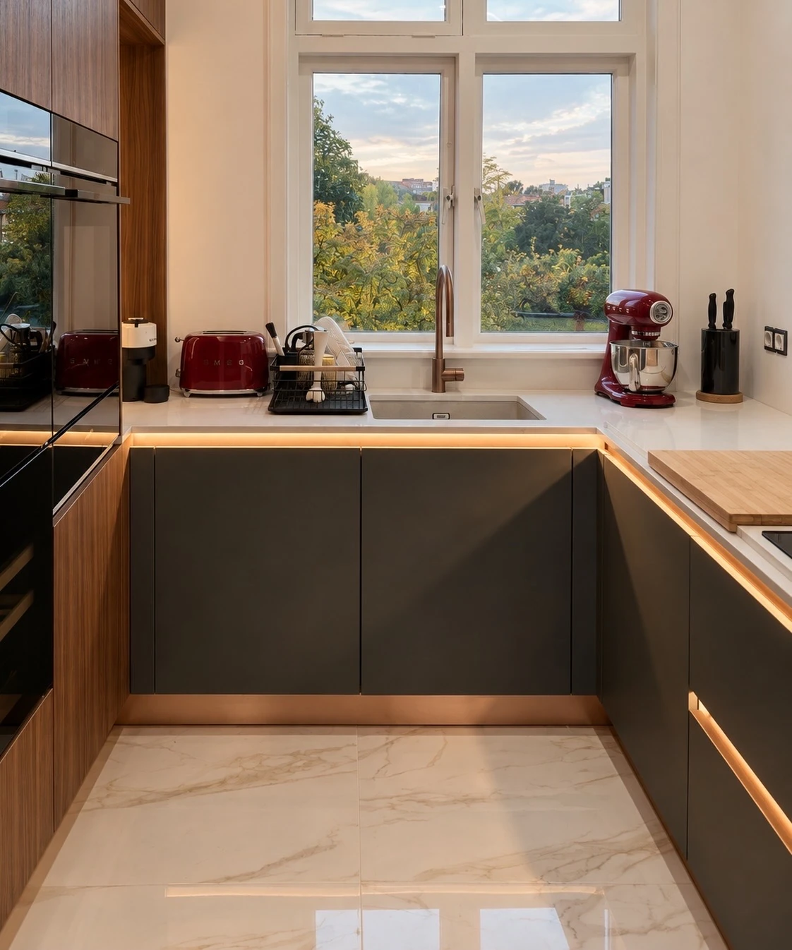 Keuken met donker maatwerk, houten kasten en sfeerverlichting