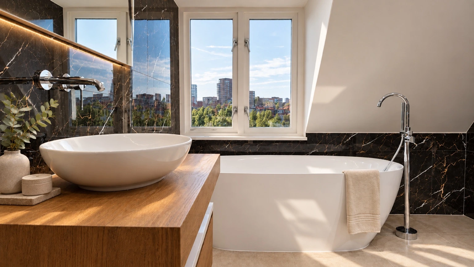 Badkamer met vrijstaand bad, dubbele ramen en natuursteenlook